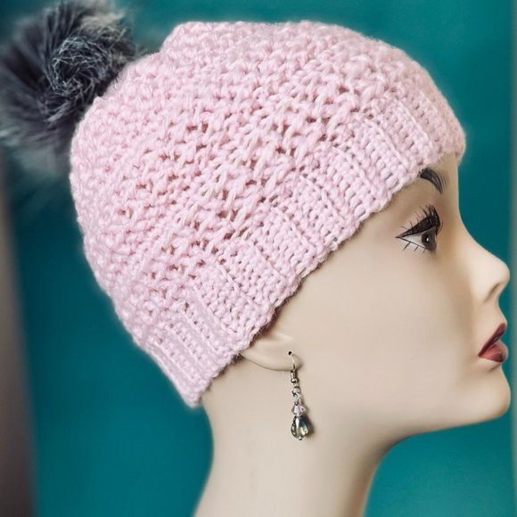 Pink Beanie with fauxfur pompom. - Picture 3 of 3